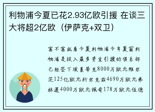 利物浦今夏已花2.93亿欧引援 在谈三大将超2亿欧（伊萨克+双卫）