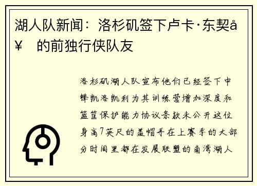湖人队新闻：洛杉矶签下卢卡·东契奇的前独行侠队友